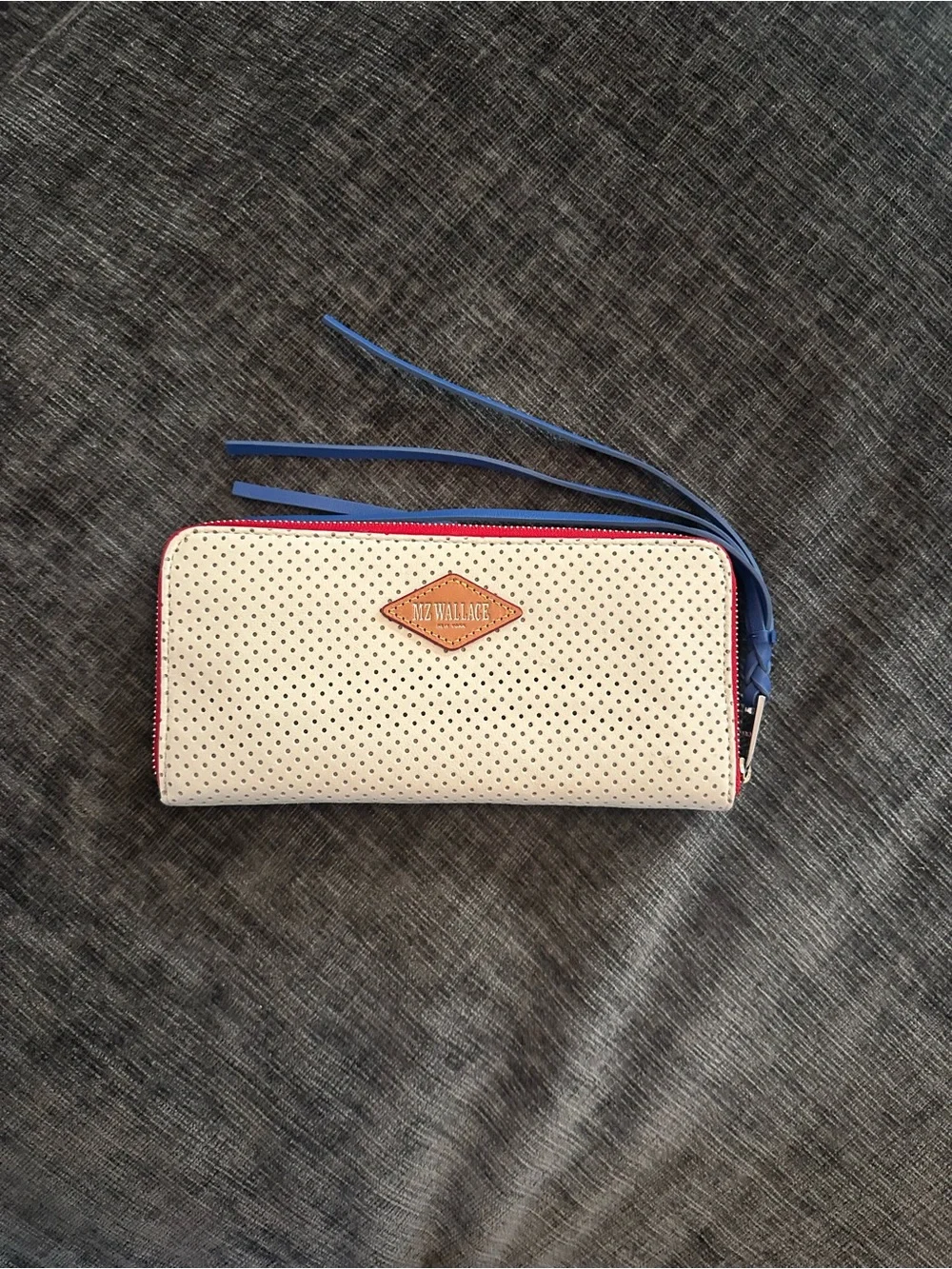 MZ Wallace White Perforated Zip Wallet with Blue and Red Accents. Rare